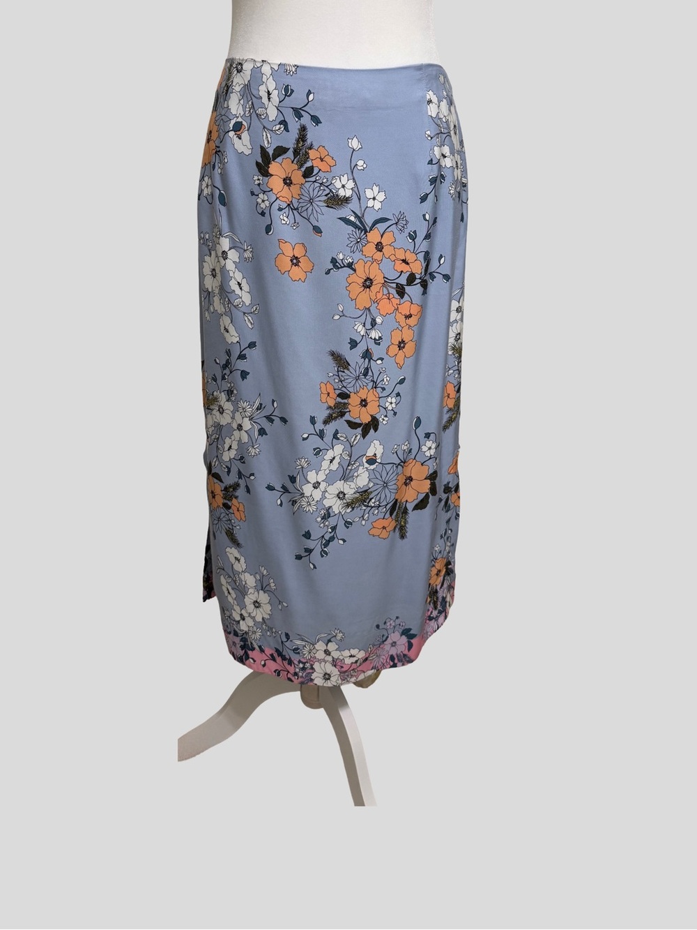 J.Crew Grid Floral Midi Slip Skirt Size 12 Blue Viscose Lined Side Slits L7538